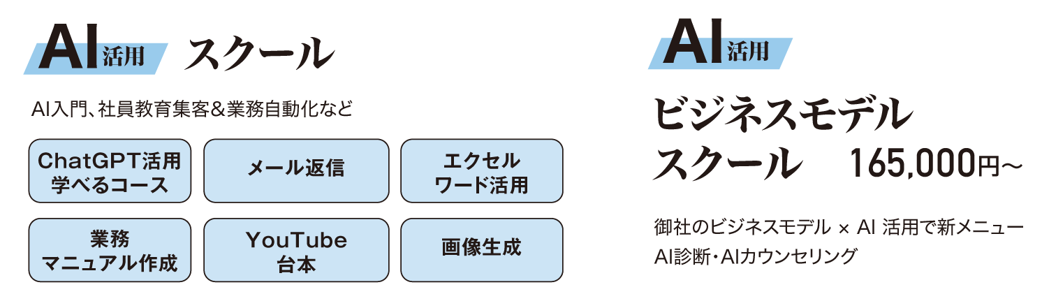 AI活用スクール／AI入門、社員教育集客＆業務自動化など、AI活用ビジネスモデルスクール／御社のビジネスモデル × AI 活用で新メニュー。AI診断・AIカウンセリング