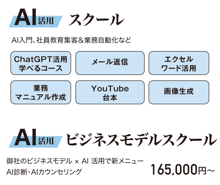 AI活用スクール／AI入門、社員教育集客＆業務自動化など、AI活用ビジネスモデルスクール／御社のビジネスモデル × AI 活用で新メニュー。AI診断・AIカウンセリング